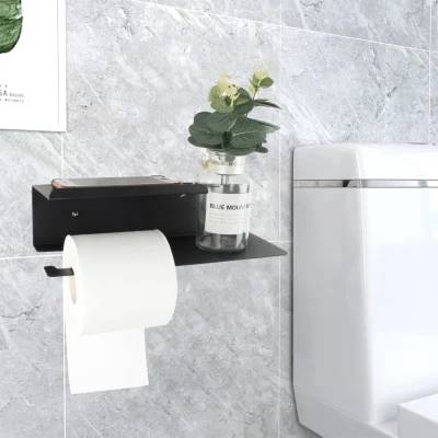 Suporte para rolo de lenço de papel de aço inoxidável 304 preto montado na parede com prateleira para celular, banheiro, suporte para papel higiênico